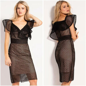 NWT Jovani M60978 Black Crochet Formal Midi Dress $400